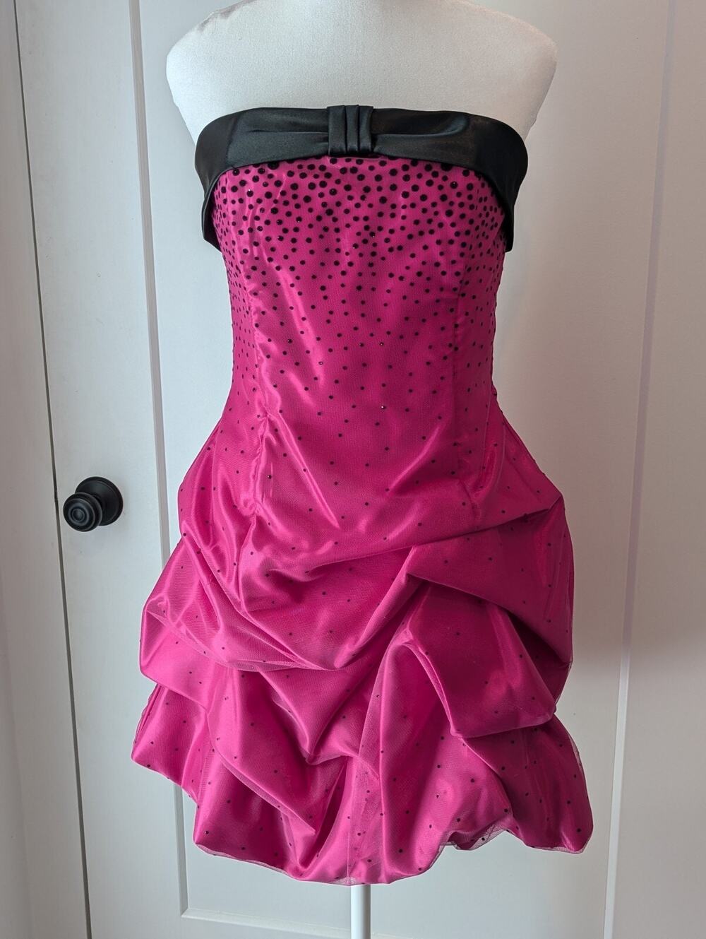 Jessica McClintock Gunne Sax Dress Sz9 Jr. Short Fuschia Black Dots Y2K Fairy